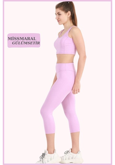 Kadın Kapri Tayt Diz Altı Lila Yüksek Bel Toparlayıcı Dar Paça Karyoka Dikiş Detaylı Capri 1020 Lila