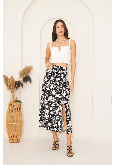 Darlin Moda Siyah Yaprak Desenli Yırtmaçlı Midi Etek Dm2014 Siyah