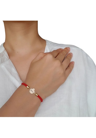 Yıldız İsmine Özel Nar Motifli İpek Örgülü 14 Ayar Altın Plakalı Hediye Bileklik-323isim-kırmızı Altın