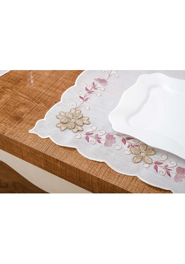 Finezza Linda Nakışlı Keten Efekt Kumaş Krem Pembe A.Servis 33x45cm 4 Ad.-1399 Krem