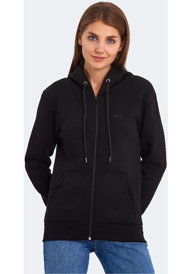 Slazenger KATYA Kadın Fermuarlı Kapüşonlu Cepli Siyah Sweatshirt