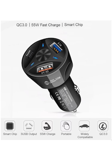 Subzero 3in1 55 W Pd Usb +Type C Araç Çakmaklık Oto Şarj Cihazı