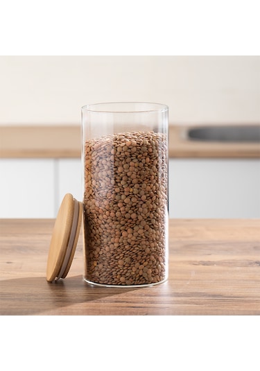 Porsima 417 4lü 1300 Ml Bambu Vakumlu Kapaklı Cam Kavanoz Seti Saklama Kabı 10x20cm Şeffaf