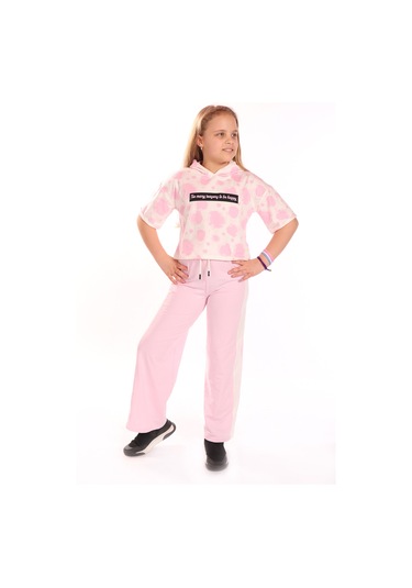 Toontoy Kız Çocuk Ön Yazı Baskılı Batikli Eşofman Takım Açık Pembe