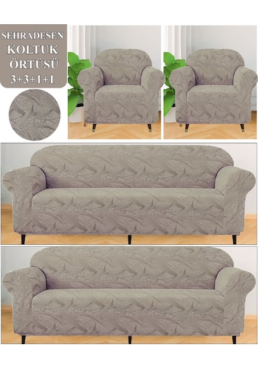 Koltuk Örtüsü Takımı 3311 Yıkanabilir Streçli Lastkli Esnek Vizon