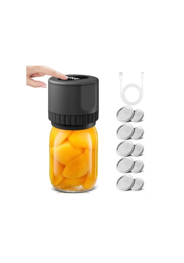 Gajeena Taşınabilir Elektrikli Vakumlama Makinesi - 5 Büyük Ve 5 Küçük Kapaklı Mason Kavanoz Ağzı Kapatma Seti Piller Dahil Siyah