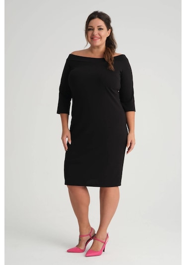 Kadın Siyah Carmen Yaka Truvakar Kol Büyük Beden Esnek Krep Elbise-siyah Siyah