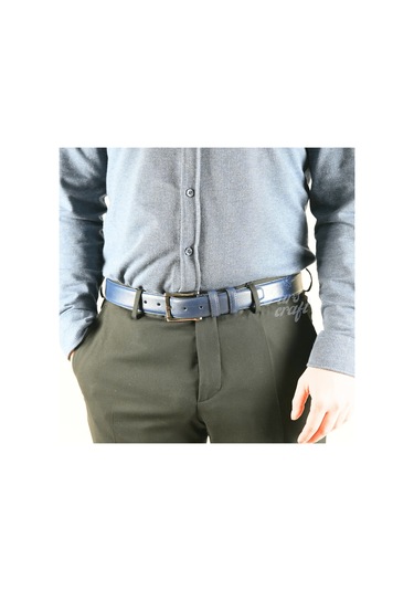 Hakiki Deri Erkek Kemer 3,5cm Dikişli Lacivert Klasik Kumaş Kemer Lacivert