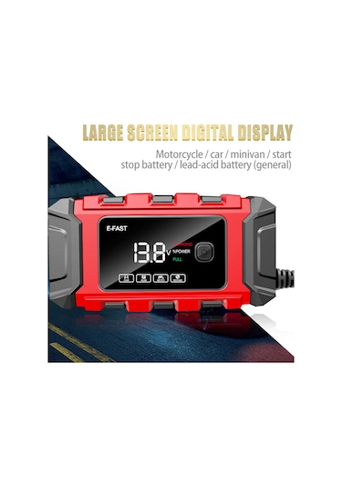 Tenfowee E-fast Tk-360 Otomatik Motosiklet Ve Araç Akü Şarj Cihazı, 12v/6a Hızlı Şarj Ve Onarım, Kırmızı, Avrupa Fişi