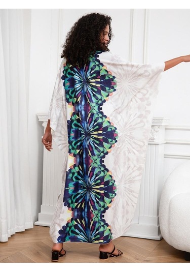 Edolynsa Beyaz Bohem Sabahlık Kaftan Ev Elbisesi Büyük Beden Ev Giyimi Nefes Alabilen Yazlık Hafif Ceket Mayo Üstü Q1289 Çok Renkli