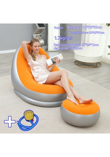 Ikkb Pedal İle Şişme Tembel Koltuk İki Parçalı Taşınabilir Dış Mekan Mobilyaları Pedal Pompası İle Turuncu Turuncu