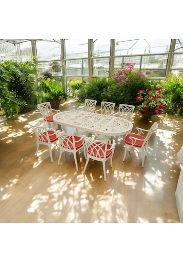 Line 8 Kişilik Döküm Bahçe Masa Takımı Rehome Beyaz