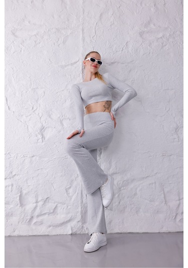 Kadın İspanyol Paça Pantolon Uzun Kollu Parmak Geçirmeli Crop Takım Gri