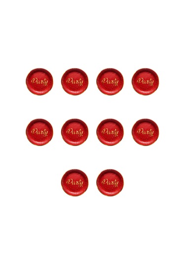 Roll-up Parti Doğum Günü Işıltılı Kırmızı Party Yazılı Karton Tabak - 22 Cm. - 8 Adetlik 10 Paket Kırmızı