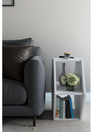 Alpa Ev Mobilya Altıgen Tasarım Yan Sehpa, Modern Koltuk Yanı Ve Dekoratif Kitaplık, Salon Sehpası Beyaz