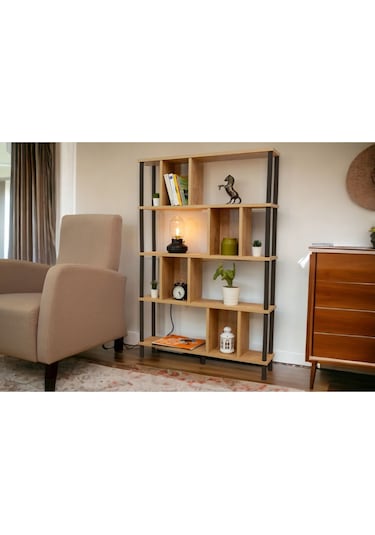 Yüksek Kalite 5 Raflı Kitaplık Ahşap Ayaklı Klasörlük Mutfak Rafı Çok Amaçlı Düzenleyici Raf Safir Meşe