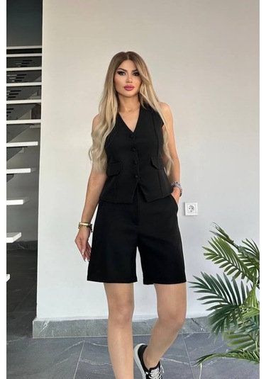 Kadın Yelekli Şortlu Takım Atlas Krep Esnek Kumaş Yazlık Yelekli Takım Siyah Siyah