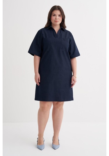 Kısa Kollu Cepli Denim Elbise-6244 Mavi