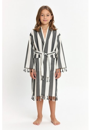 Çocuk Striped Peştamal Bornoz %100 Pamuk Unisex Siyah