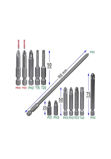 İzeltaş-Klytek Matkap Bits Uç Vidalama Ucu Düz Yıldız Torx Uç (13 PARÇA)