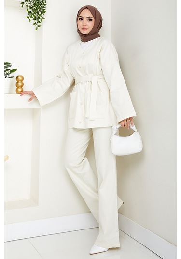 Kemerli Ceket Pantolon Gabardin Takım 1557 - Ekru Ekru