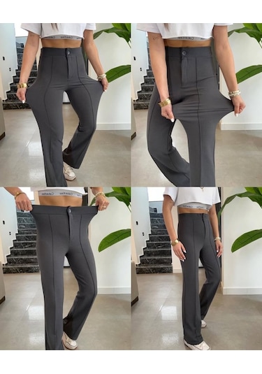 Sensuelle Kadın Yüksek Bel Full Likralı Krep Kumaş Pantolon Gri