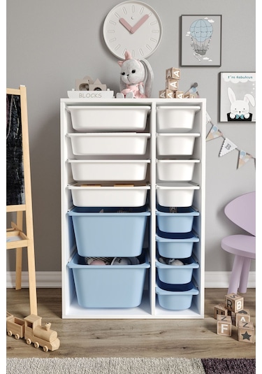 %100 Mdf - Large Duo 14 Sepetli Oyuncak Dolabı Mavi