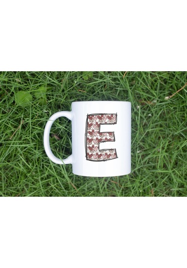 E Harfi Aşk Temalı Kupa - Kalp Desenli Kişiye Özel Romantik Sevgililer Günü Kahve Kupası Beyaz