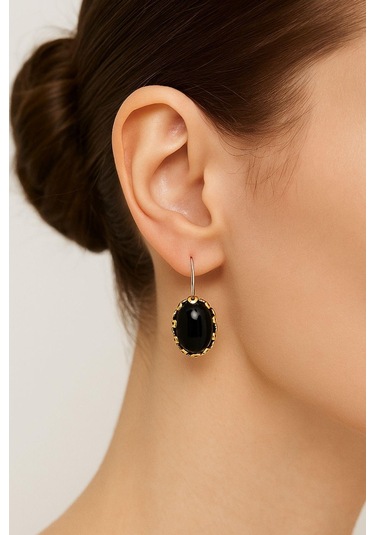 Lale Serisi El İşi Siyah Oniks Taşlı Gümüş Kadın Küpe Gümüş