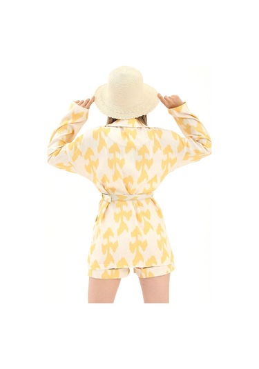 Kemerli Desenli Oversize Blazer Ceket - Sarı-sarı Sarı