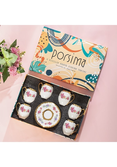 Porsima 3189 Aurora 12 Parça Yaldızlı Porselen Türk Kahve Fincan Takımı Çok Renkli