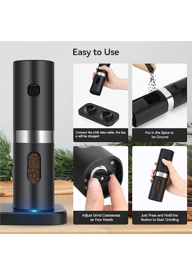 Kk Elektrikli Otomatik Tuz Ve Karabiber Öğütücü Seti Şarj Tabanı İle 2 Ayarlanabilir Kalınlık Taşınabilir Öğütücü