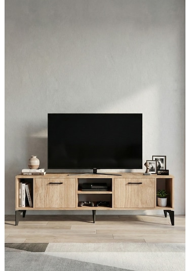 Tv Sehpası 160 Cm Modern Çok Amaçlı Dolaplı Raflı Televizyon Ünitesi Linya Sepet Rengi