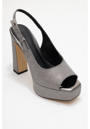 Glora Platin Simli Kadın Platform Topuklu Abiye Ayakkabı Platin