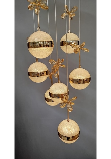Şık Tarz Modern Led Avize Gold Ledli Salon Avizesi Kelebek Taşlı 7lı Sarı