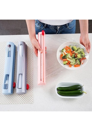 Kaydırmalı Kesicili Plastik Film Kesici, Yeniden Kullanılabilir Folyo Ve Plastik Film Kesici, Mutfak Depolama Mavi -