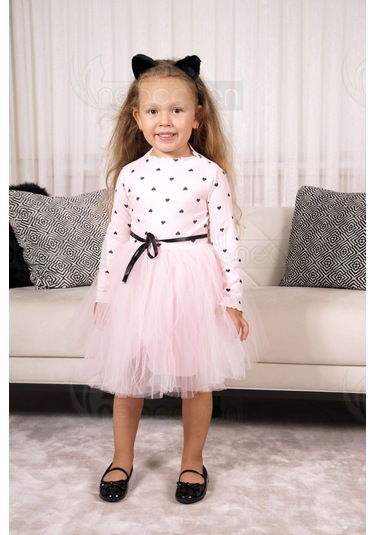 Kız Bebek-çocuk Uzun Kollu Doğum Günü Ve Özel Günler İçin Kalpli Tüllü Astarlı Elbise Pembe