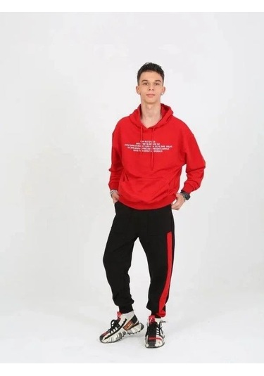 Erkek Çocuk Yazılı Kapüşonlu Sweatshirt-15238 Kırmızı