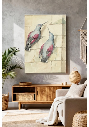 Mushen Studio Pembe Gri Kuşlar Sanat İllüstrasyonu Kanvas Tablo