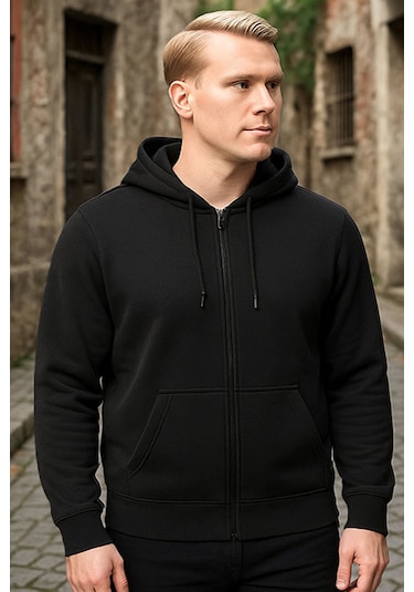Siyah Kapşonlu Fermuarlı Sweatshirt Siyah