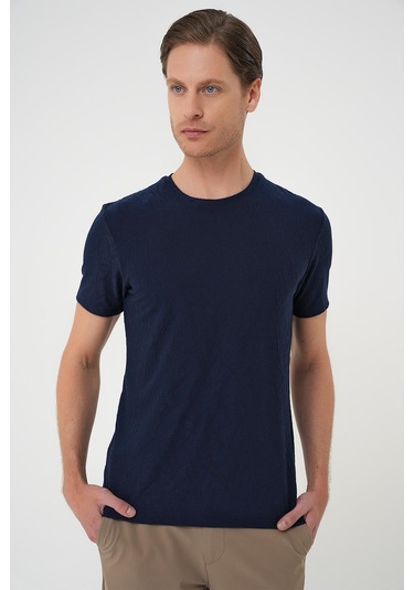 Comfort Fit Bisiklet Yaka Kabartma Desenli Casual Lacivert Tişört Ts 899 Lacivert