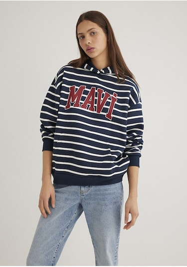 Mavi - Mavi Logo Baskılı Lacivert Çizgili Sweatshirt 1s10118-81518 Mavi