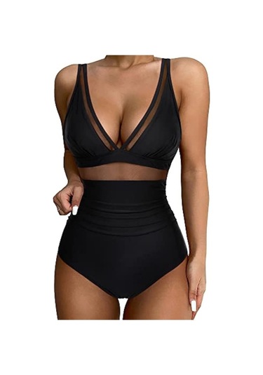 Kadın's Tek Parça Klasik Stil Örümcek Ağı Derin V Çelik Sırt Göğüs Desteği Mayo Beden L Polyester Siyah