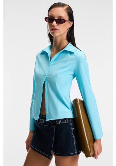 GRINNE Kadın Slim Gömlek Yaka Uzun Kollu İnce Uzun Mavi Gömlek