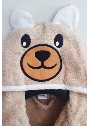 Kapşonlu Hayvan Desenli Çocuk Banyo Deniz Plaj Bornozu %100 Pamuklu Bej