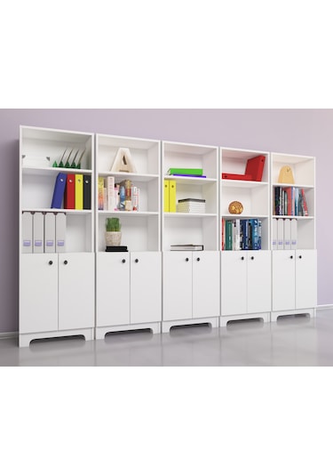 Nur Mobilya 5'li Kapaklı Kitaplık Ofis Dolabı Kütüphane Beyaz