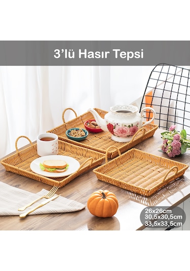 Porsima 709b Kare 3'lü Hasır Tepsi Dekoratif Sunum Servis Tepsisi