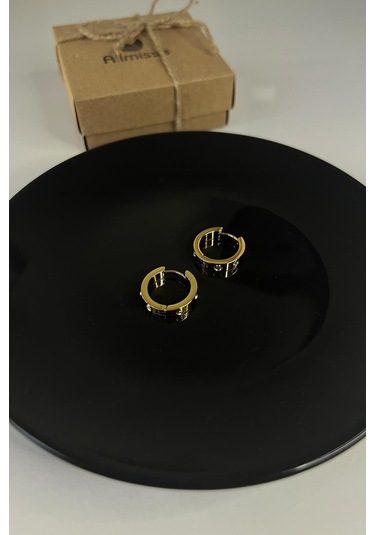 Gold Kaplama Taşlı Çelik Küpe Gold