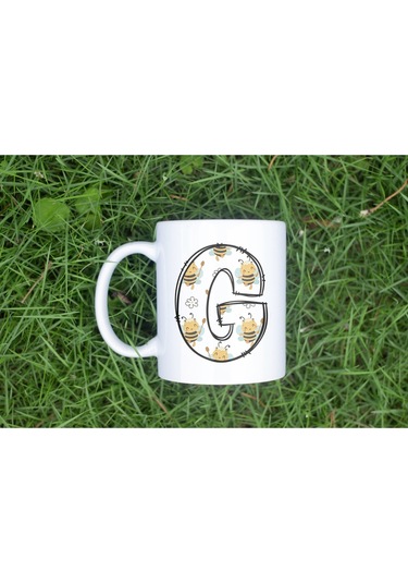G Harfi Arı Desenli Kupa - Sevimli Hayvan Temalı Kişiye Özel Kahve Kupası - Şans Kupası Beyaz