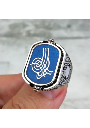 Fkgümüş Osmanlı Tuğrası İşlemeli Siyah Taşlı Çift Taraflı Erkek Yüzük